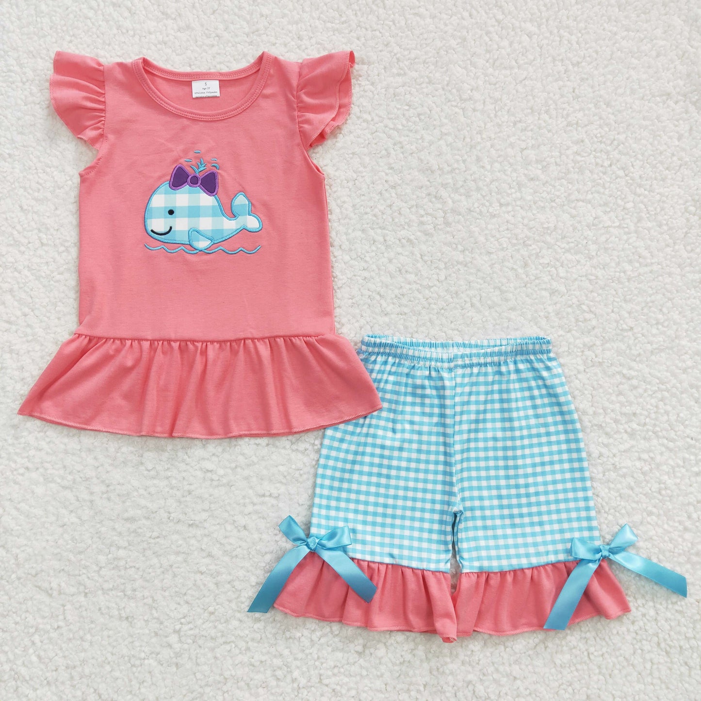 Promotion Baby Girl Summer Embroidery Whale Shirt Plaid Ruffle Shorts Outfit RTS