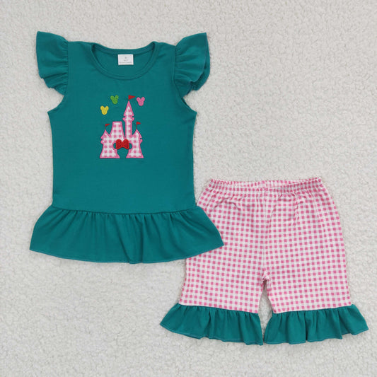Promotion Baby Girl Summer Embroidery Castle Green Tops Plaid Ruffle Shorts Outfit
