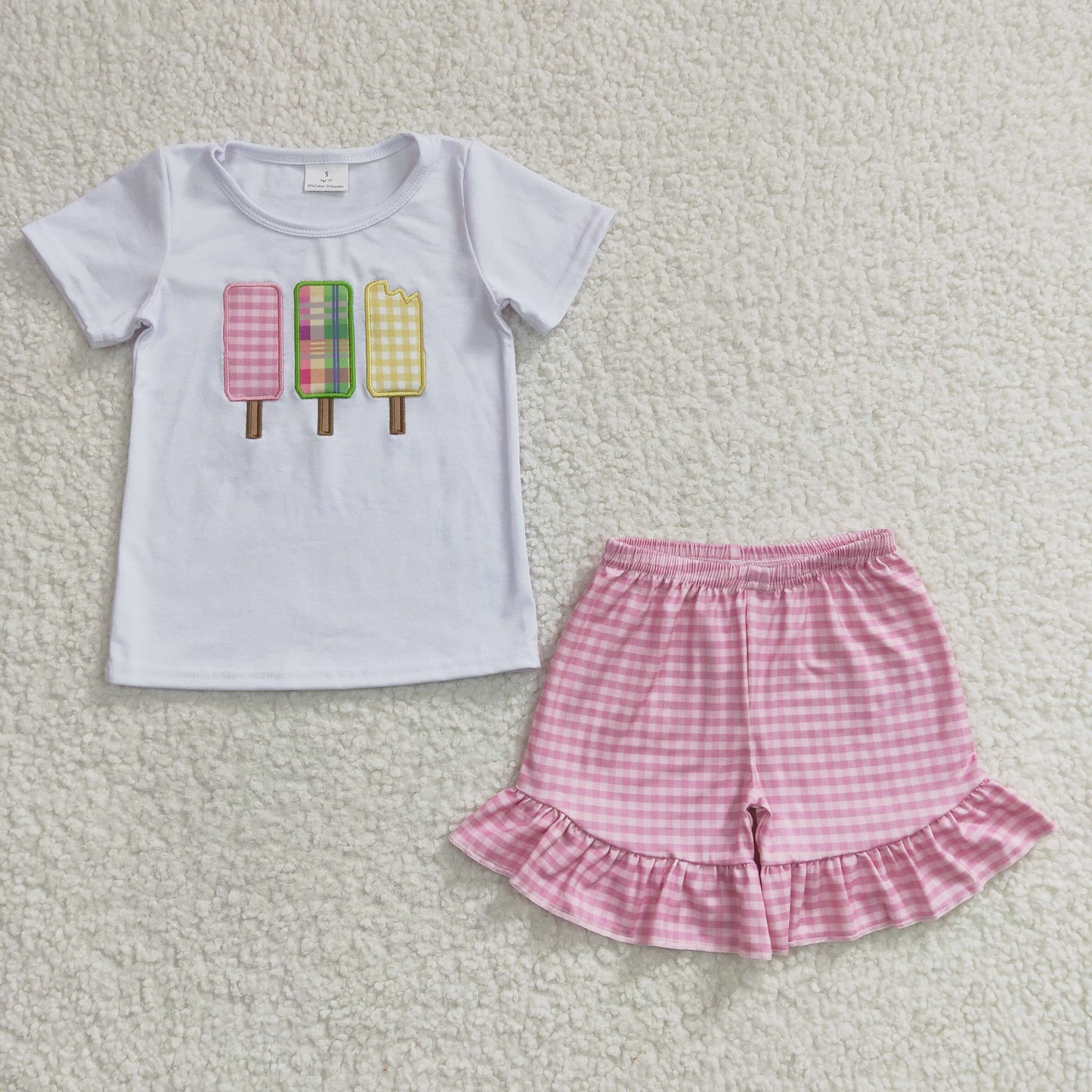 Promotion Baby Girl Embroidery Popsicle Short Sleeves Cotton Shirt Plaid Shorts Outfit RTS