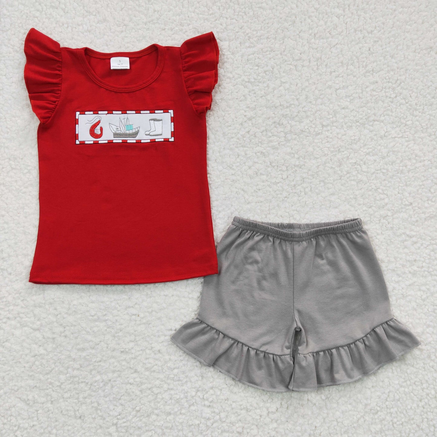 Promotion Baby Girls Kids Short Sleeves Crawfish Embroidery Shirt Shorts Outfit RTS
