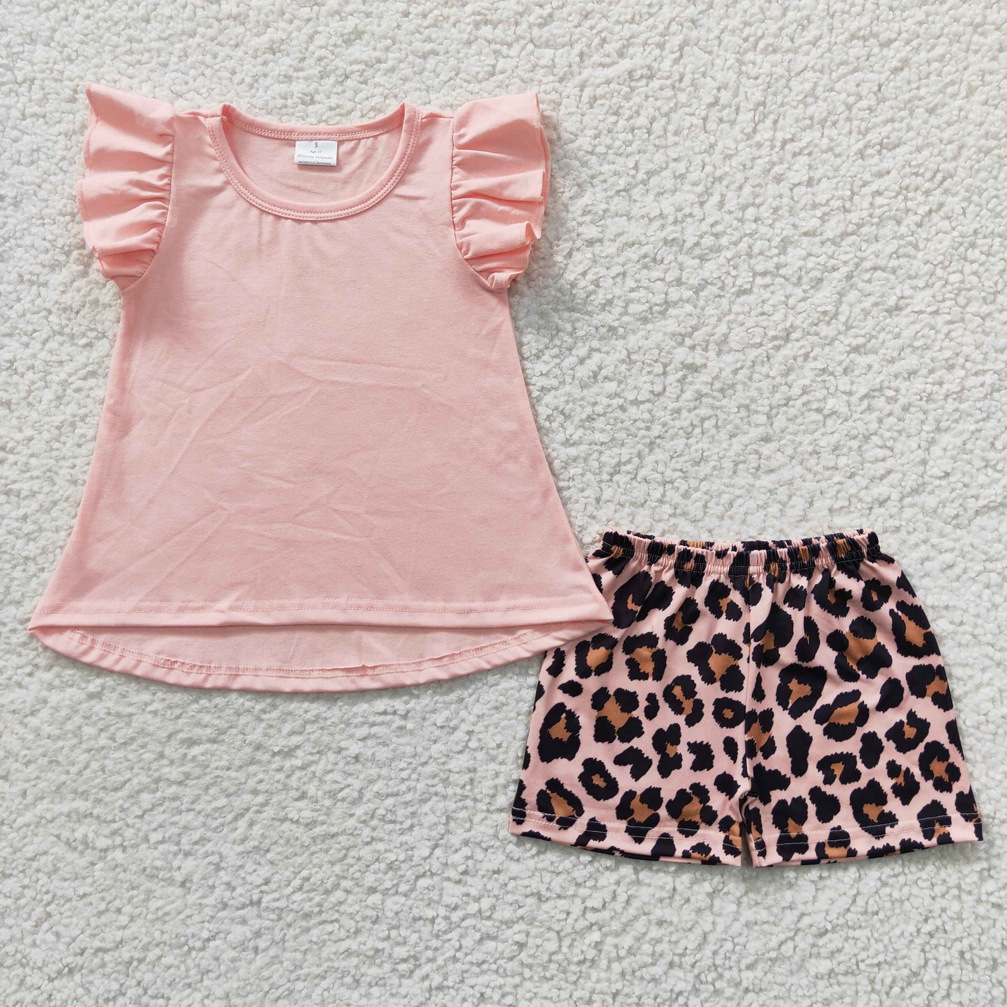 Promotion Baby Girl Pink Short Sleeves Top Leopard Shorts Outfit