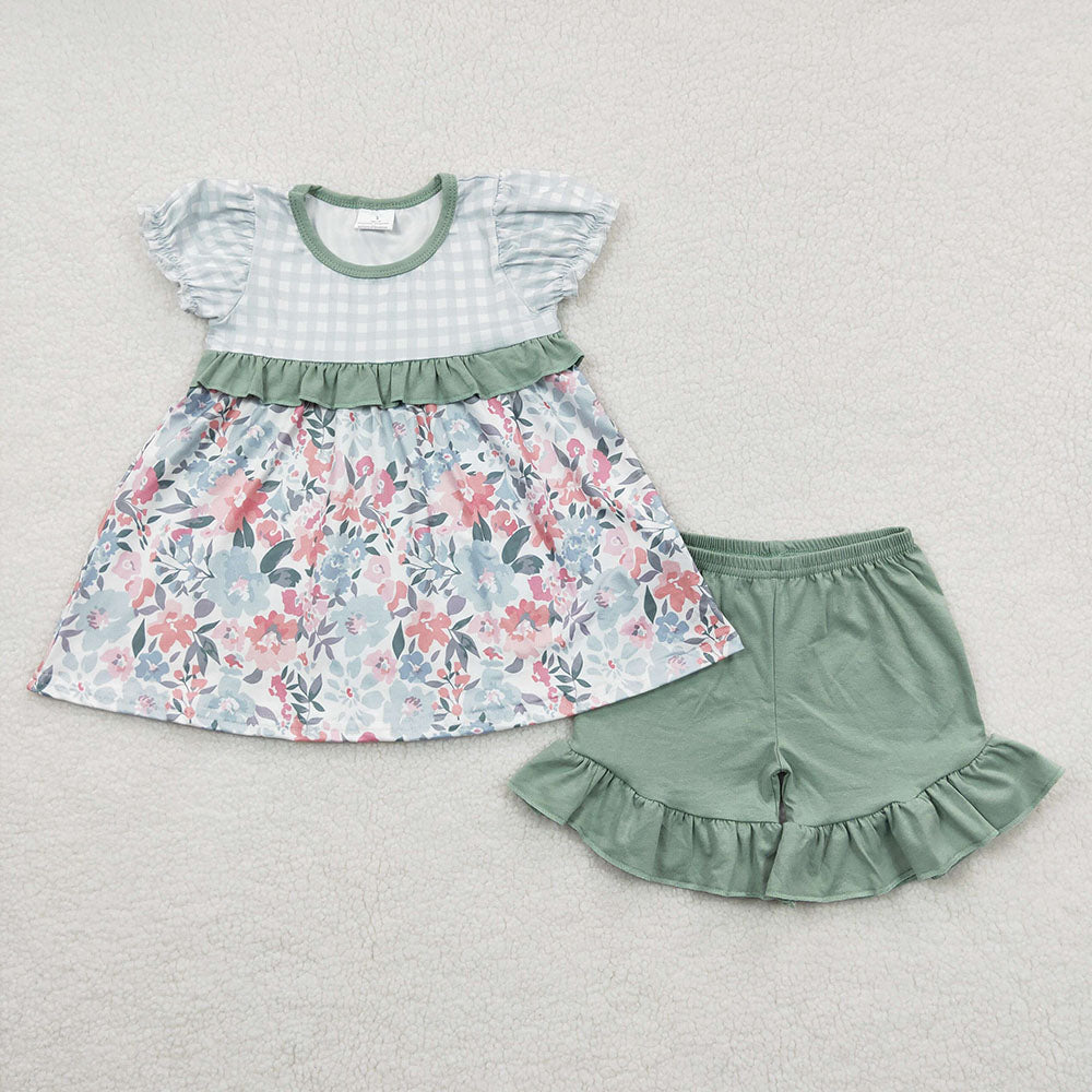 Baby Girl Green Floral Checked Sibling Dress Outfit Clothes Set RTS