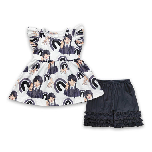 Promotion Baby Girl Short Sleeves Rainbow Tunic Black Ruffle Shorts Set RTS