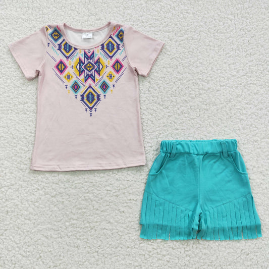 Promotion Baby Girl Western Aztec Short Sleeves Shirt Tassel Shorts Summer Outfit