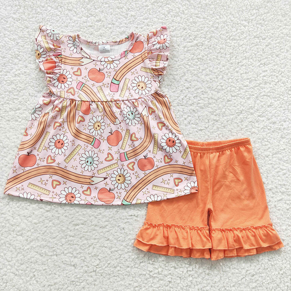 Baby Girl Short Sleeves Back To School Apple Pencil Shirt Shorts Sibling Set RTS