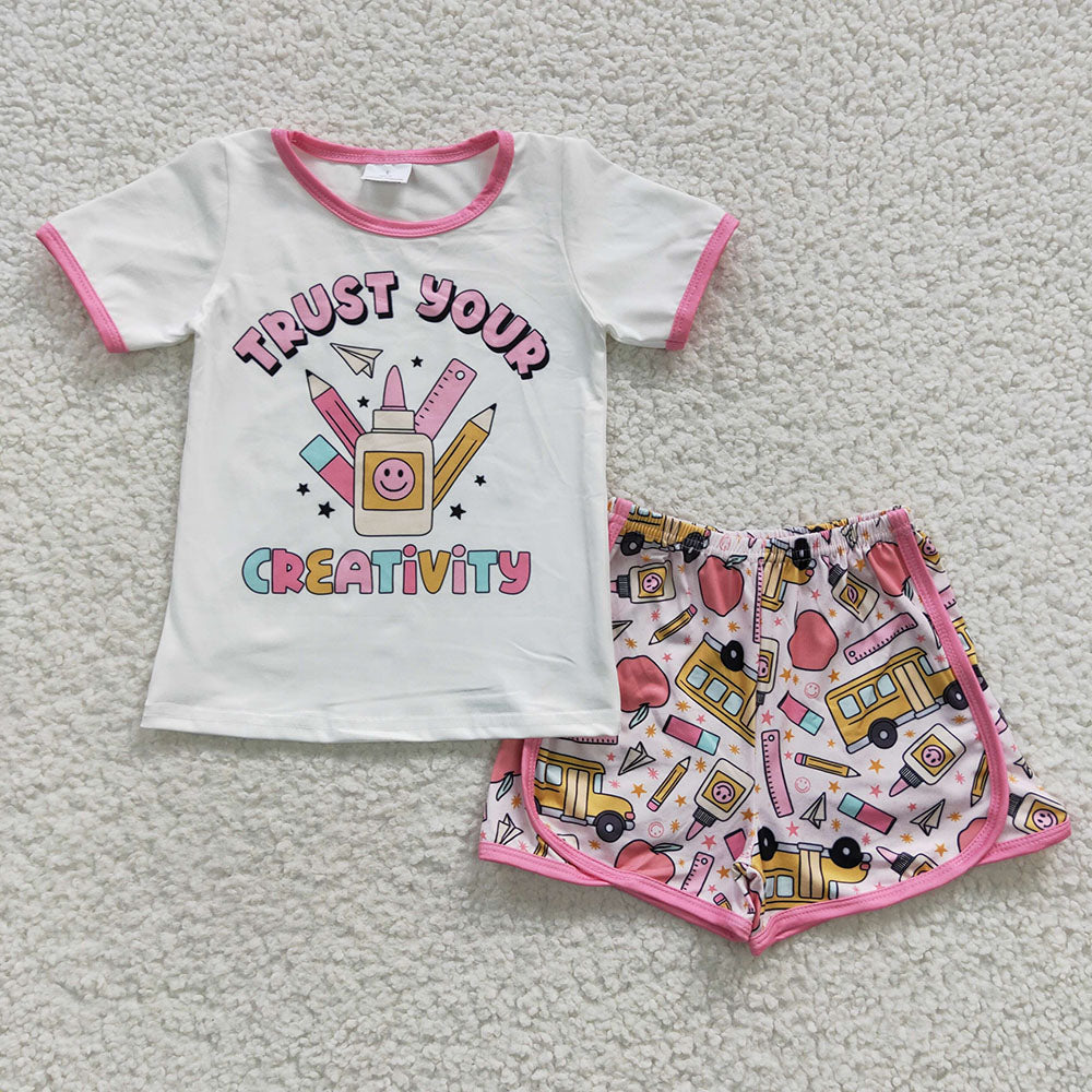 Baby Girl Short Sleeves Back To School Apple Pencil Shirt Shorts Sibling Set RTS