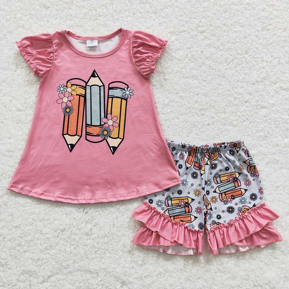 Baby Girl Short Sleeves Back To School Apple Pencil Shirt Shorts Sibling Set RTS