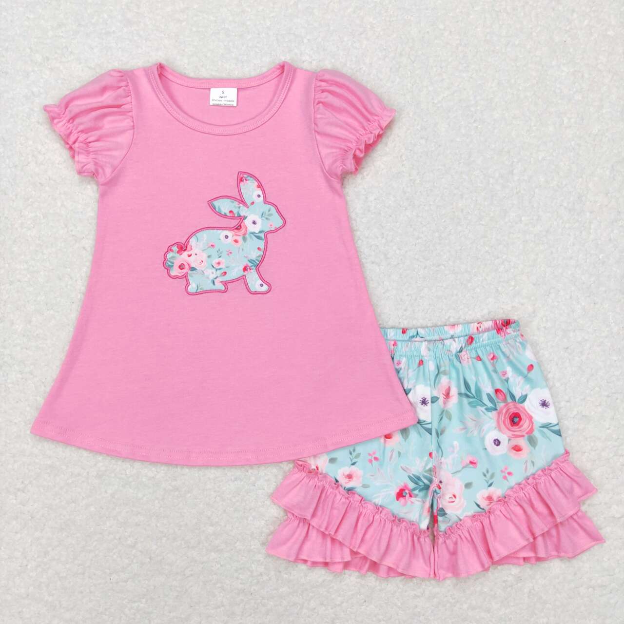 Baby Girl Short Sleeves Embroidery Easter Rabbits Flower Sibling Sister Romper Clothes Set