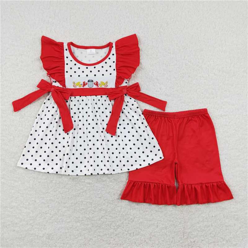 Baby Girl Short Sleeves Embroidery Crawfish Dots Sibling Romper Dress Set RTS