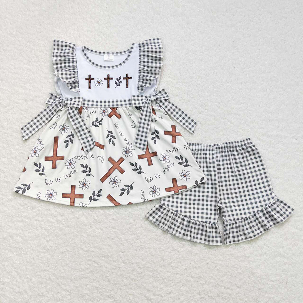 Baby Boy Girl Short Sleeves Embroidery Easter Cross Sibling Romper Dress Clothes Set