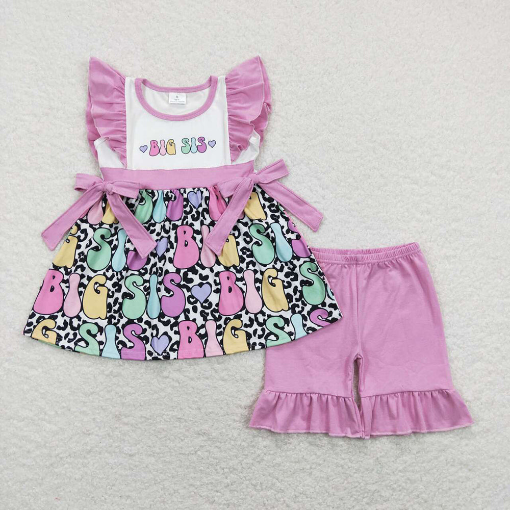 Baby Girl Short Sleeves Big Little Sister Purple Bows Sibling Romper Clothes Set RTS
