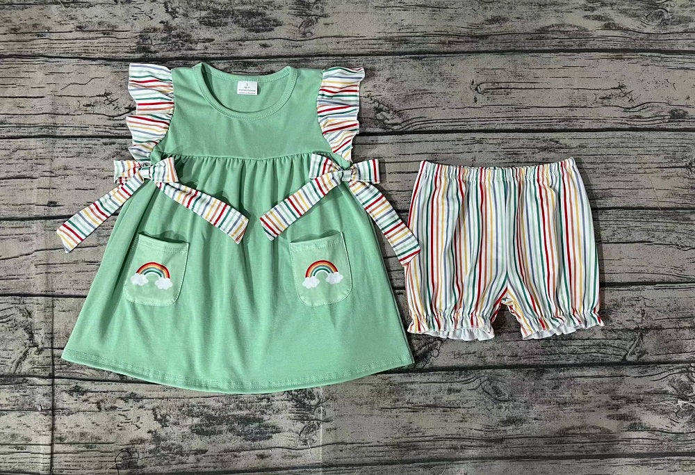 Pre-order Baby Girl Short Sleeves Rainbow Pocket Green Tunic Stripes Shorts Summer Set