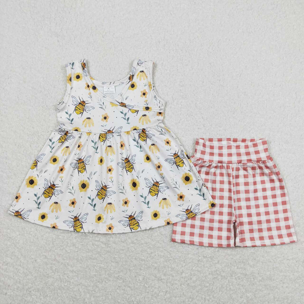 Baby Girl Sleeveless Flower Tunic Checked Shorts Sibling Clothes Set RTS