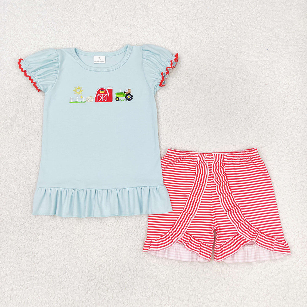 Sibling Boy Girl Short Sleeves Embroidery Farm Tractor Shirt Stripes Shorts Sibling Set RTS