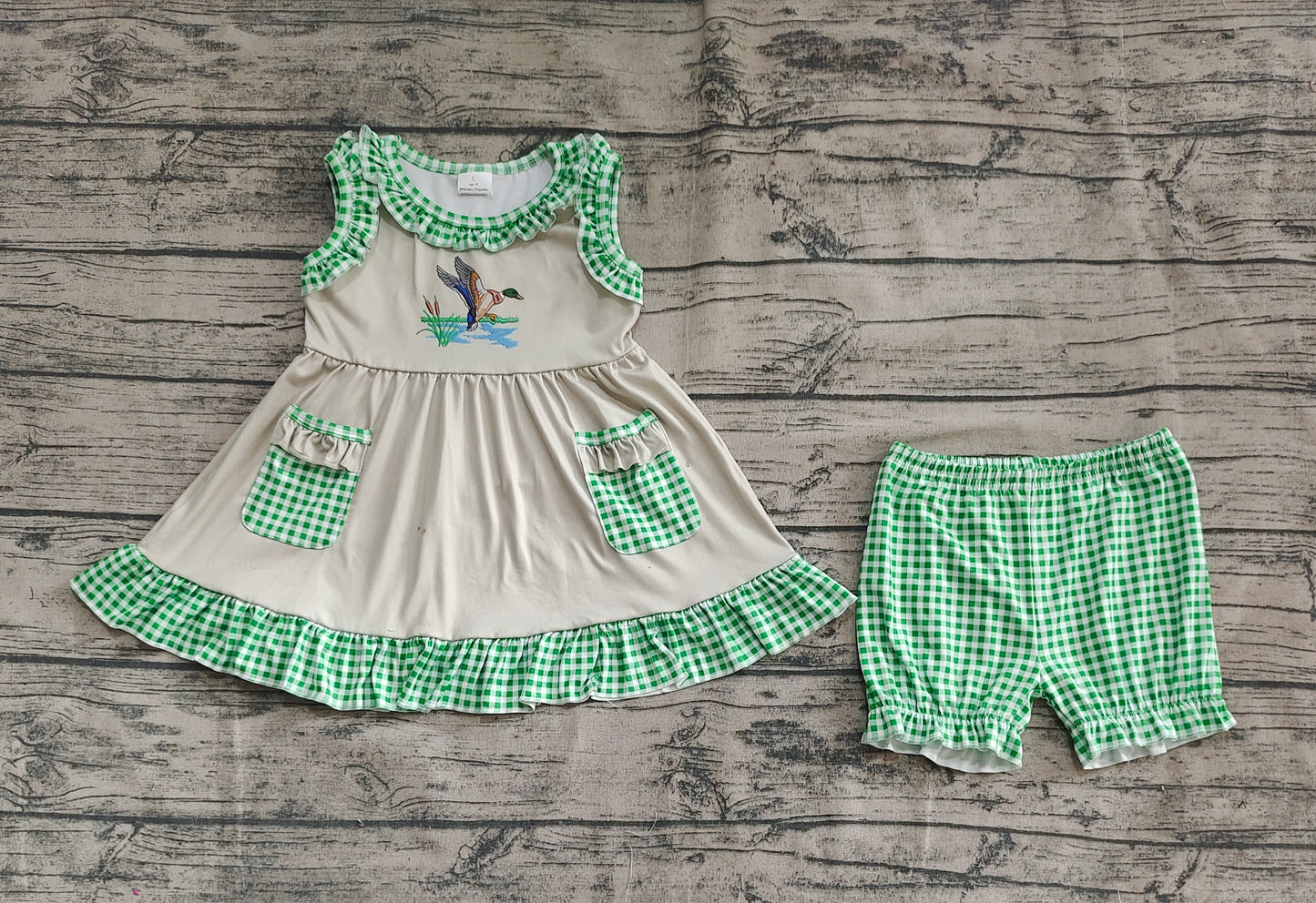 Baby Girl Sleeveless Duck Pockets Tunic Green Plaid Shorts Set RTS