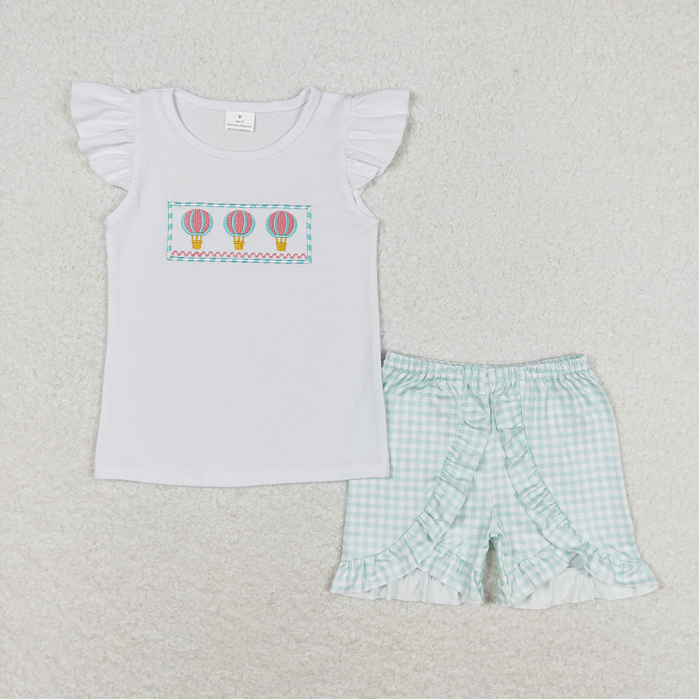 Boy Baby Girl Embroidery Hot Balloons Checked Sibling Romper Shorts Set RTS