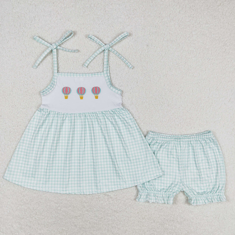 Boy Baby Girl Embroidery Hot Balloons Checked Sibling Romper Shorts Set RTS