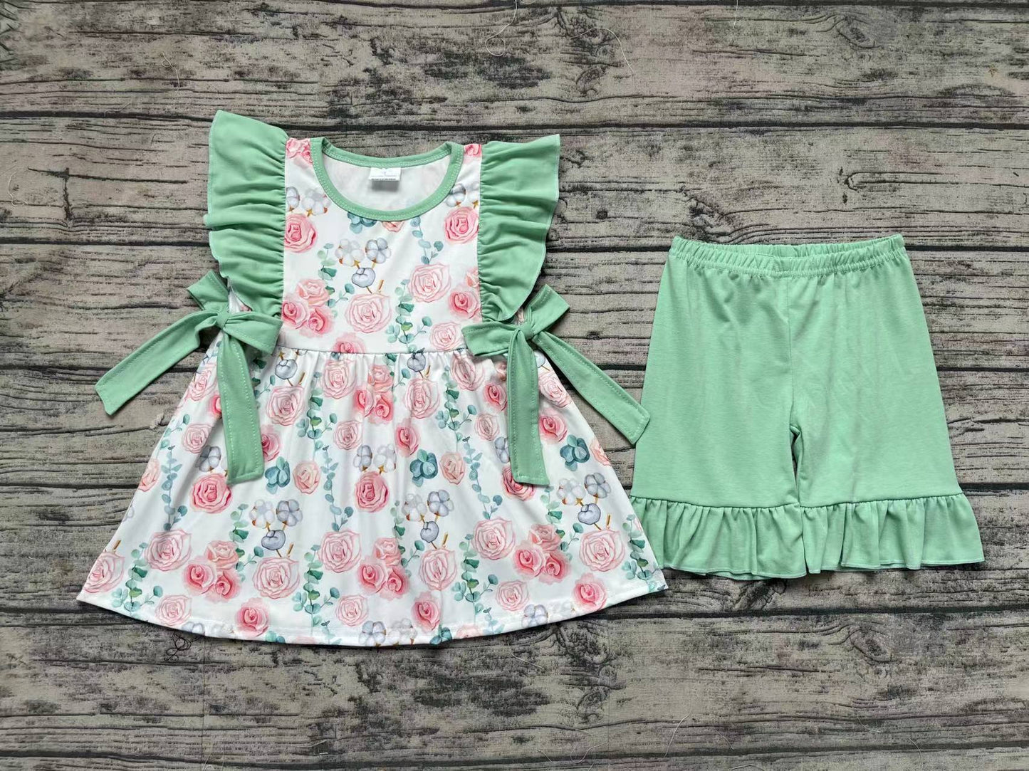 Baby Girl Flower Ruffle Bows Tunic Green Shorts Summer Set