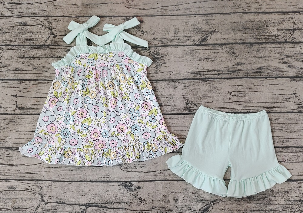 Baby Girl Sleeveless Floral Tunic Light Green Shorts Summer Set