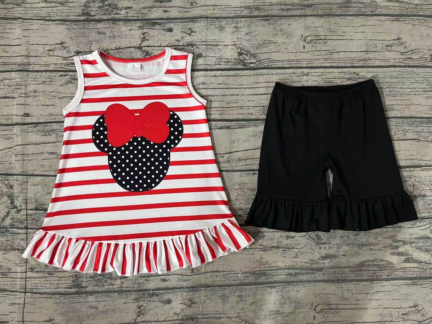 Baby Girl Sleeveless Mouse Stripes Tops Black Shorts Summer Set