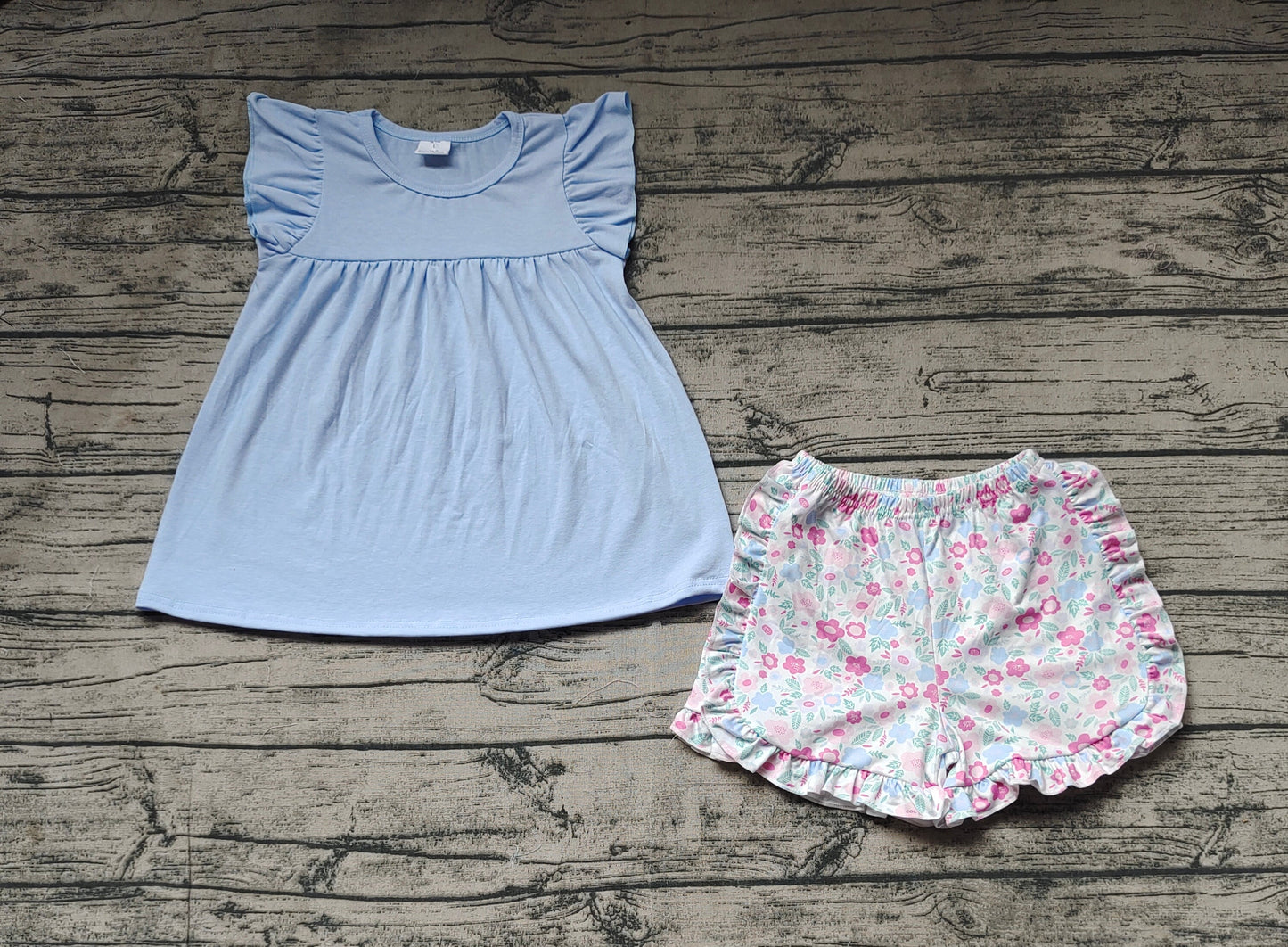 Baby Girl Blue Cotton Tops Ruffle Floral Shorts Set