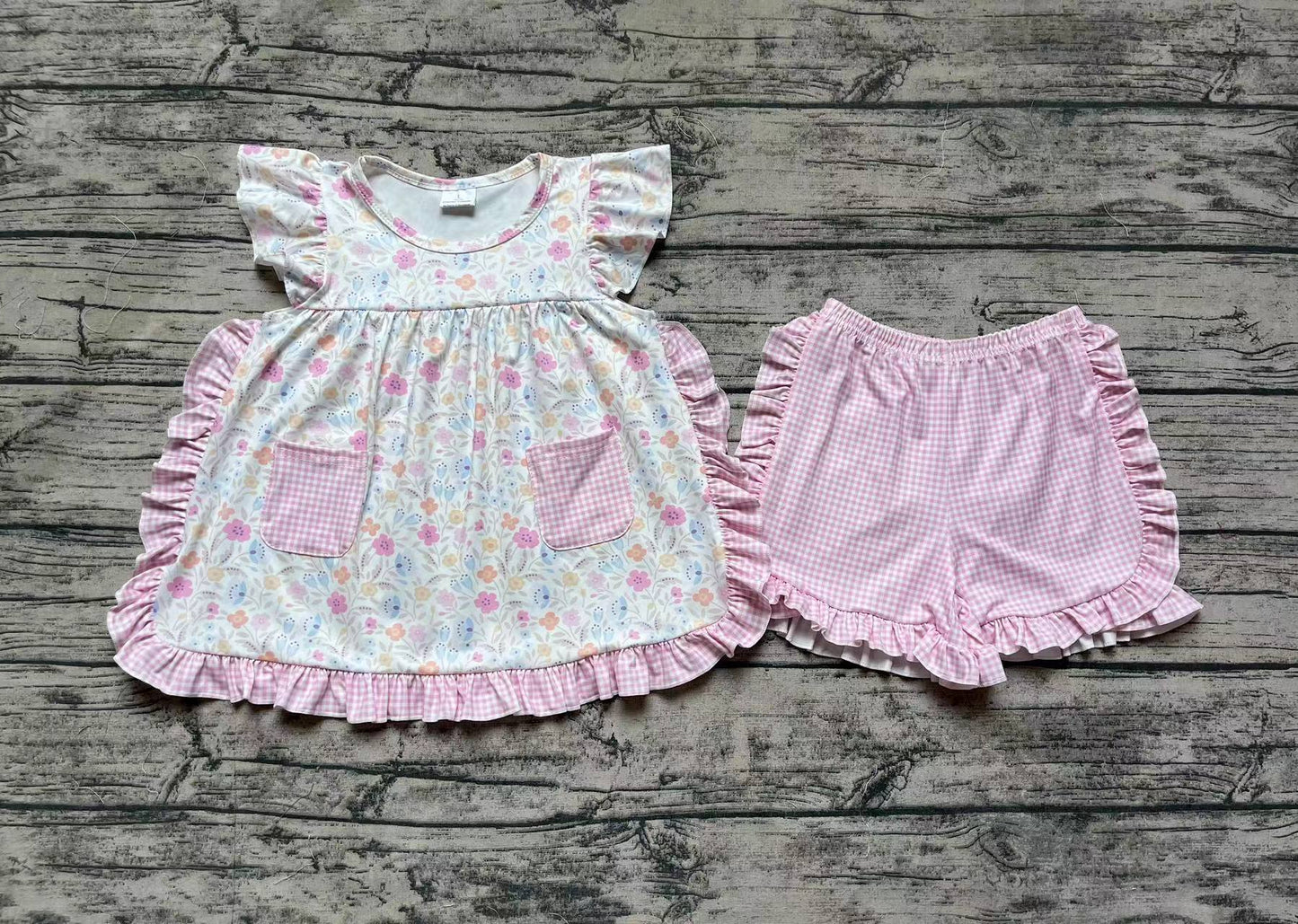 Baby Girl Floral Pocket Tops Pink Plaid Shorts Set