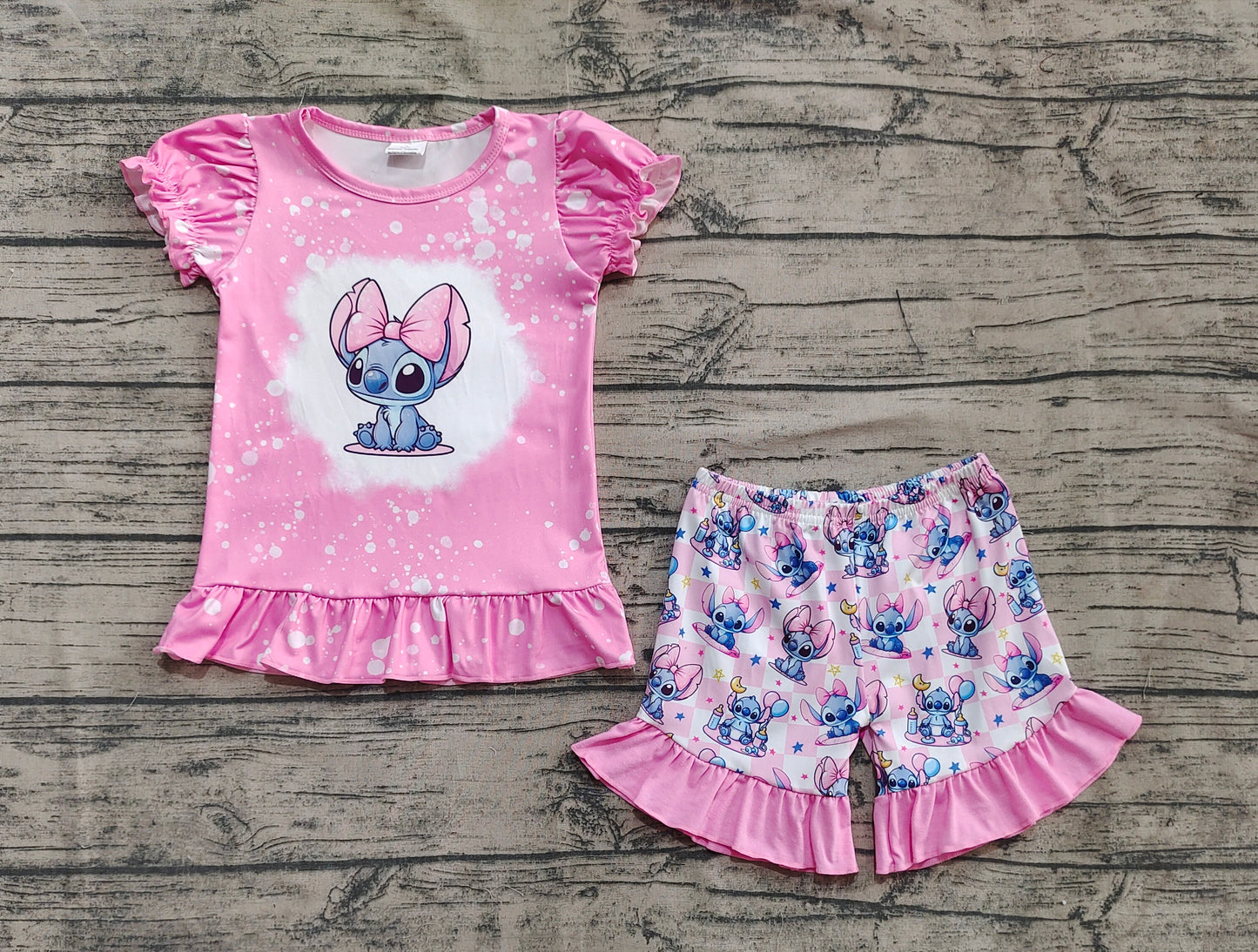 Baby Girl Short Sleeves Pink Shirt Floral Cartoon Shorts Summer Set RTS