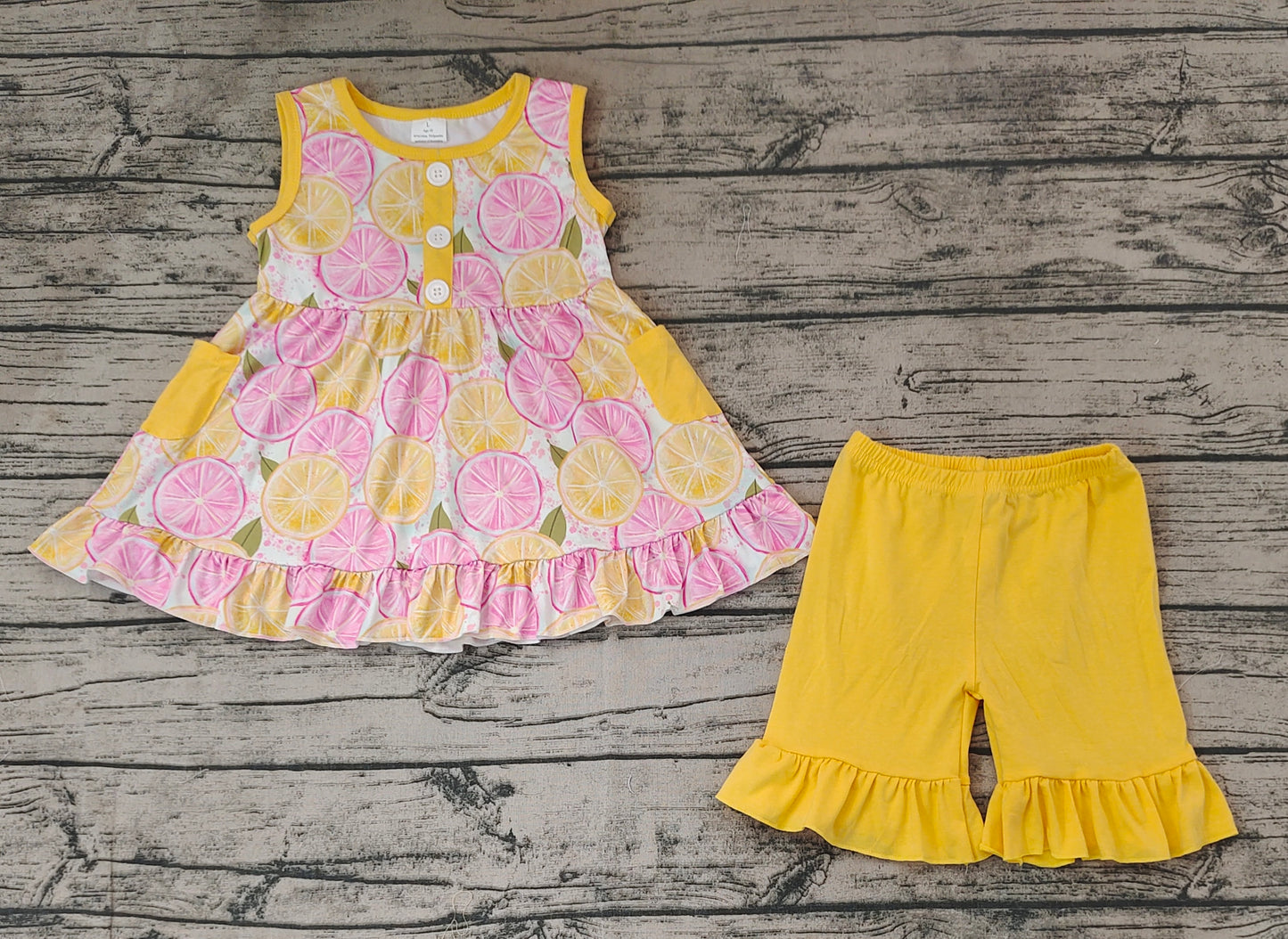 Pre-order Baby Girl Sleeveless Lemon Pocket Tops Yellow Shorts Summer Set