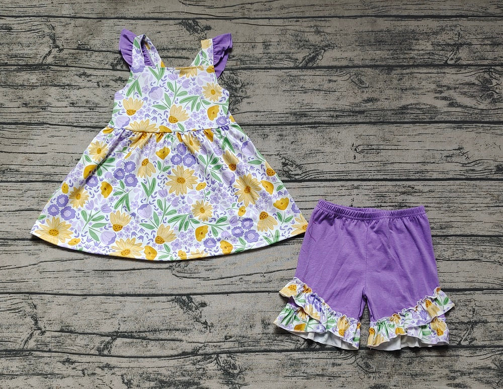 Pre-order Baby Girl Sleeveless Flower Tops Ruffle Purple Shorts Set