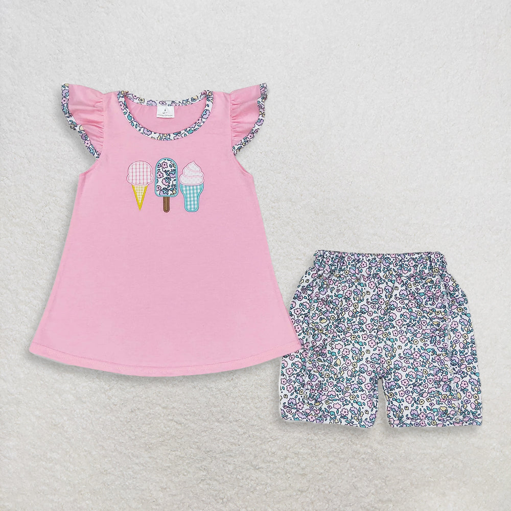 Sibling Baby Girls Kids Short Sleeves Embroidery Popsicle Tops Shorts Sets Summer Clothes RTS