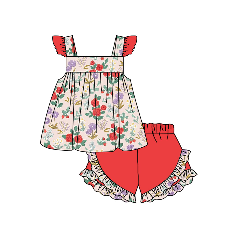 Pre-order Baby Girl Flower Tunic Ruffle Shorts Clothes Summer Set