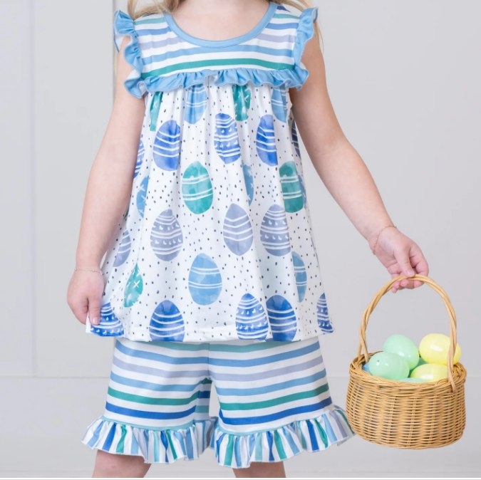 Pre-order Baby Girl Eggs Tunic Ruffle Stripes Shorts Clothes Easter Set