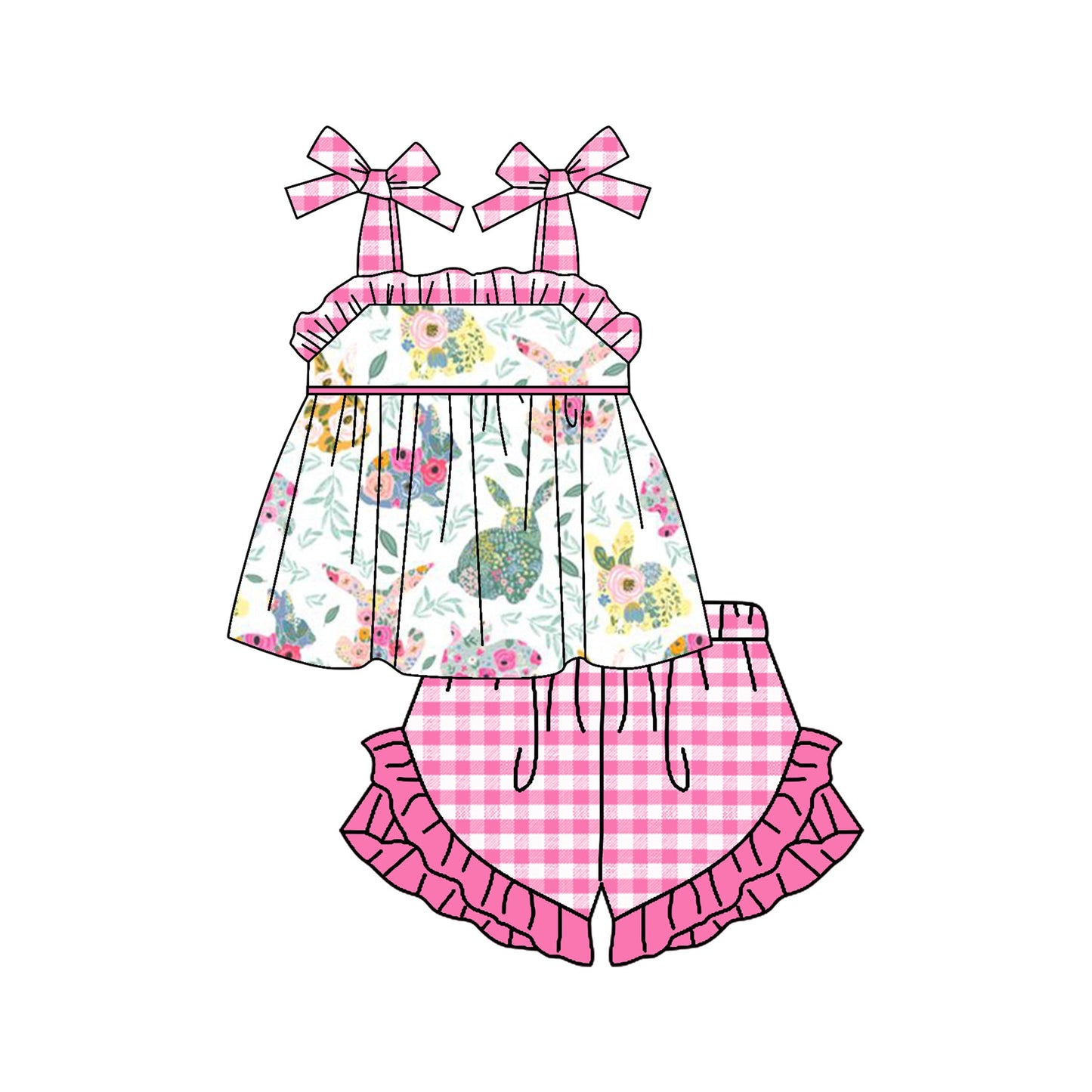 Pre-order Baby Girl Easter Rabbit Flower Tunic Plaid Shorts Clothes Set