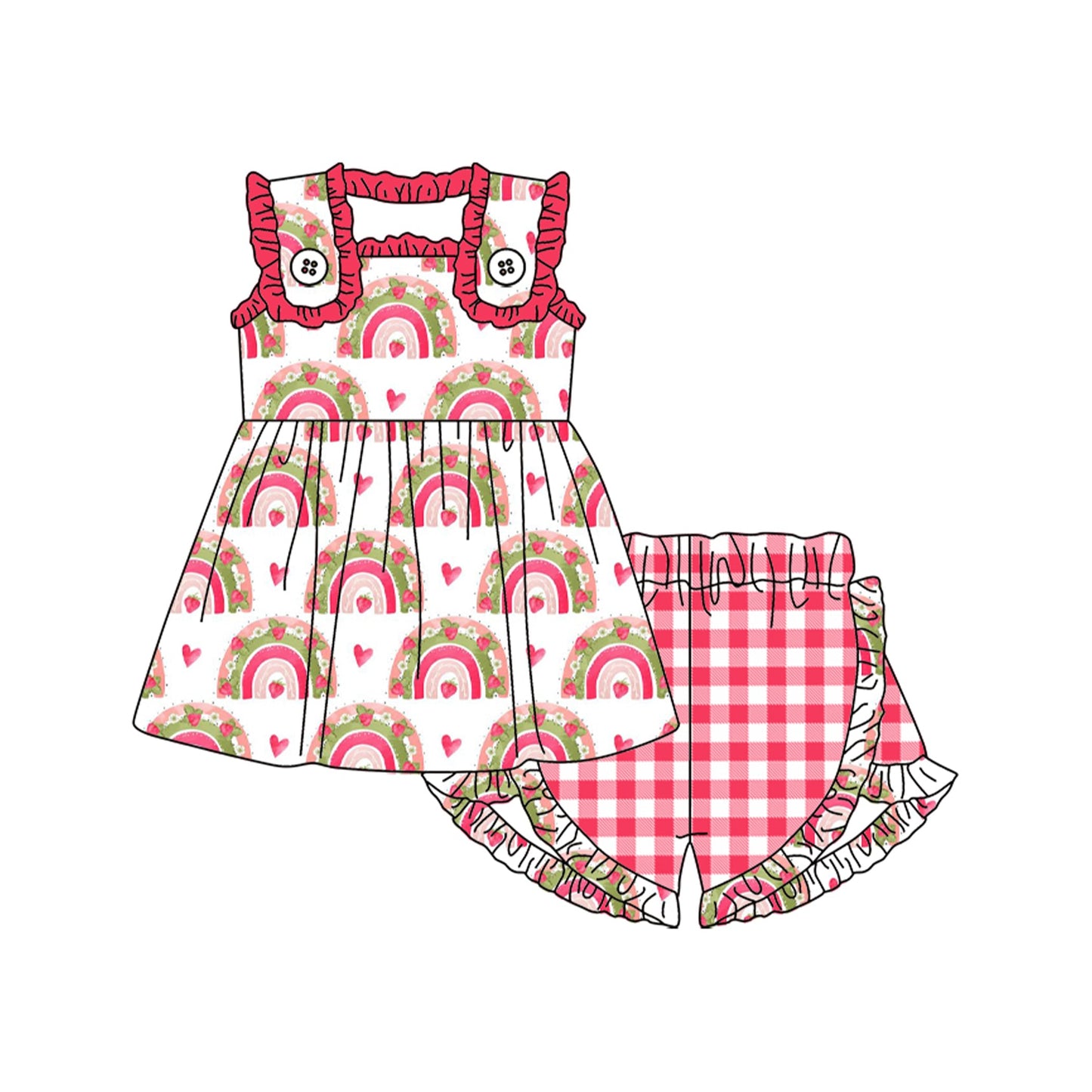 Pre-order Baby Girl Rainbow Hearts Tunic Plaid Ruffle Shorts Valentines Clothes Set