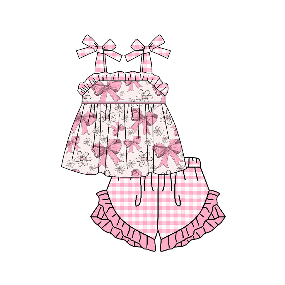 Pre-order Baby Girl Pink Bows Flower Tunic Ruffle Plaid Shorts Clothes Set