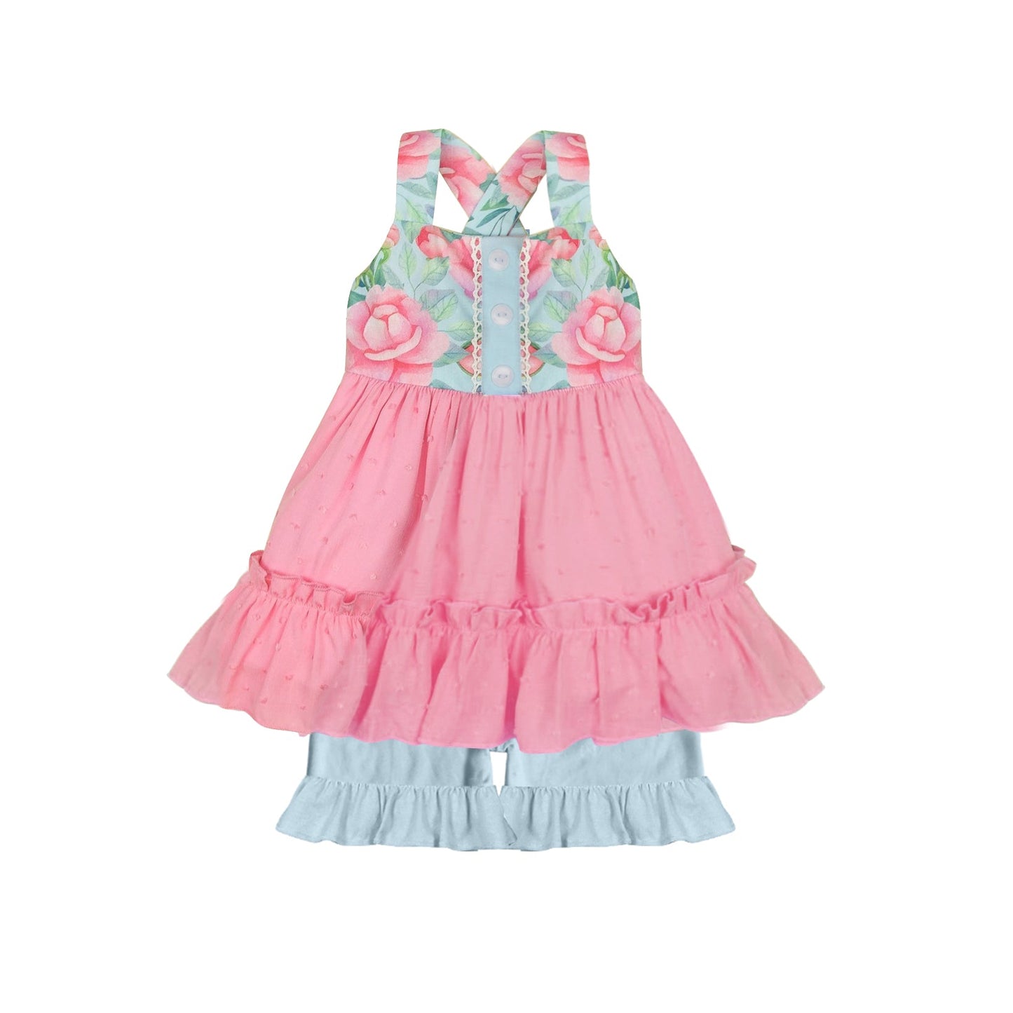 Pre-order Baby Girl Straps Flower Pink Tunic Ruffle Shorts Clothes Set