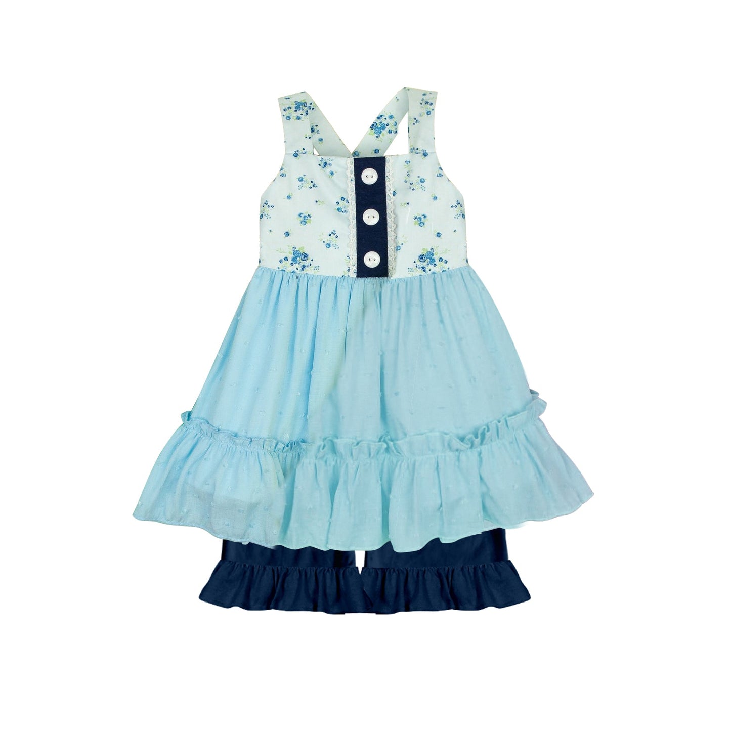 Pre-order Baby Girl Straps Flower Light Blue Tunic Ruffle Shorts Clothes Set