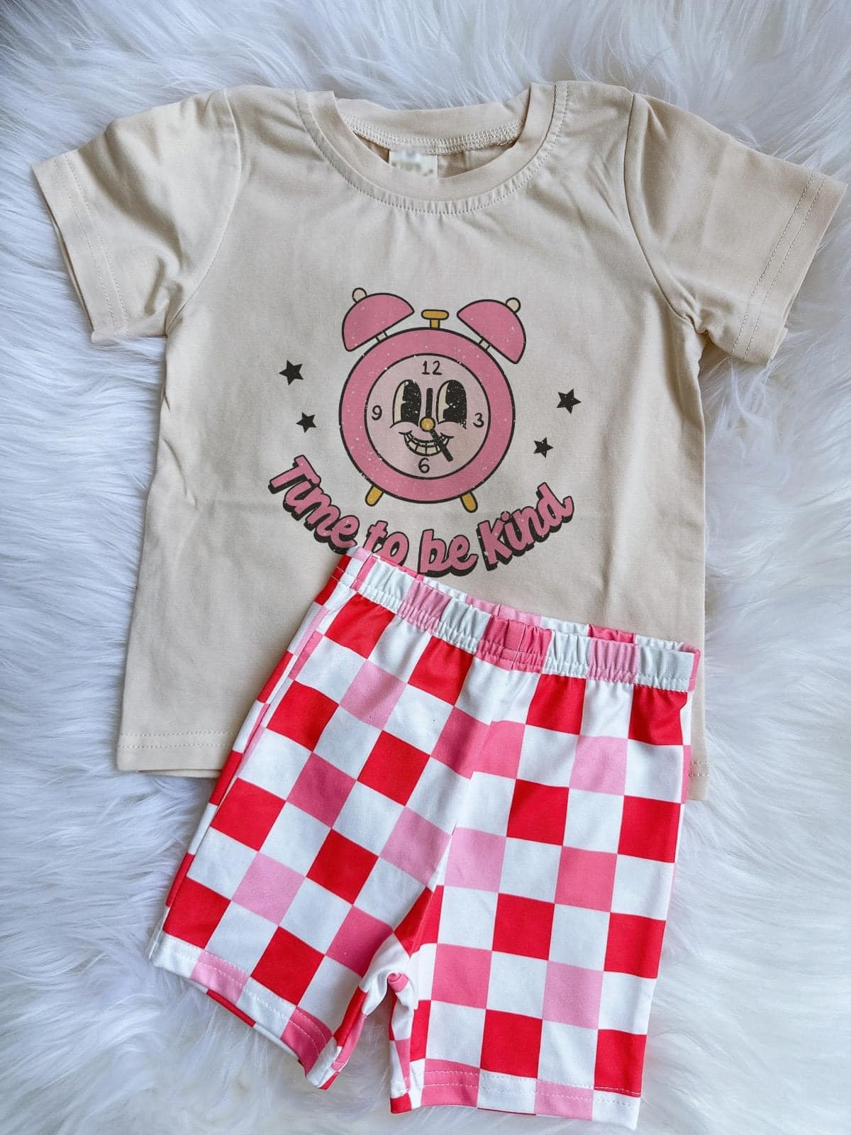 Pre-order Baby Girl Short Sleeves Clock Shirt Checkered Shorts Clothes Set