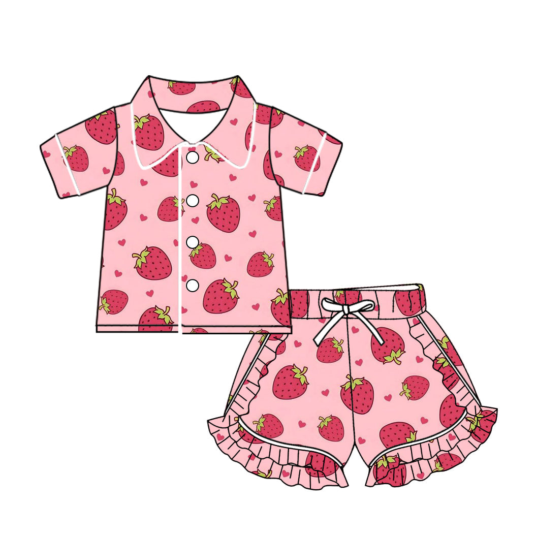Preorder Baby Girl Strawberry Buttons Shirt Ruffle Shorts Pajamas Clothes Set