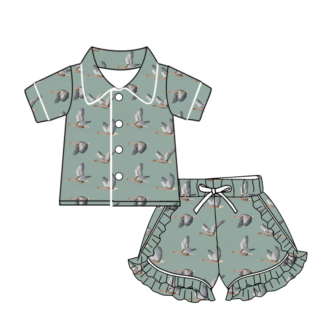 Preorder Baby Girl Ducks Buttons Shirt Ruffle Shorts Pajamas Clothes Set