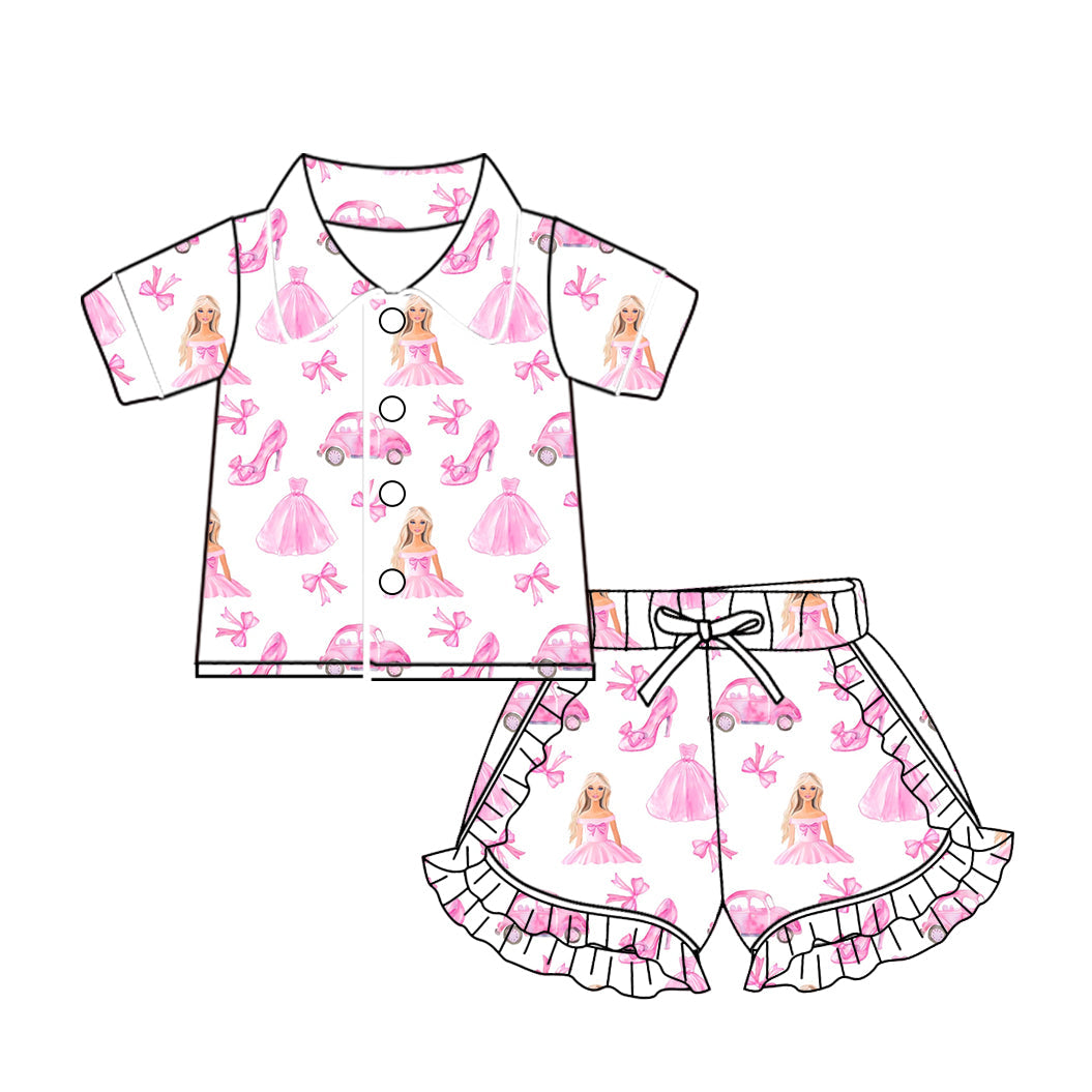 Preorder Baby Girl Doll Bows Buttons Shirt Ruffle Shorts Pajamas Clothes Pink Set