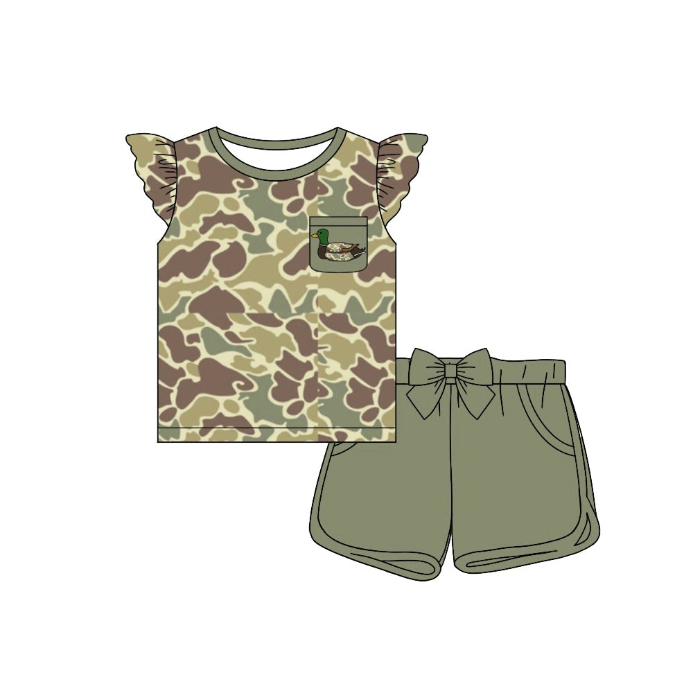 Preorder Baby Girl Green Camo Duck Pocket Shirts Bow Shorts Clothes Set