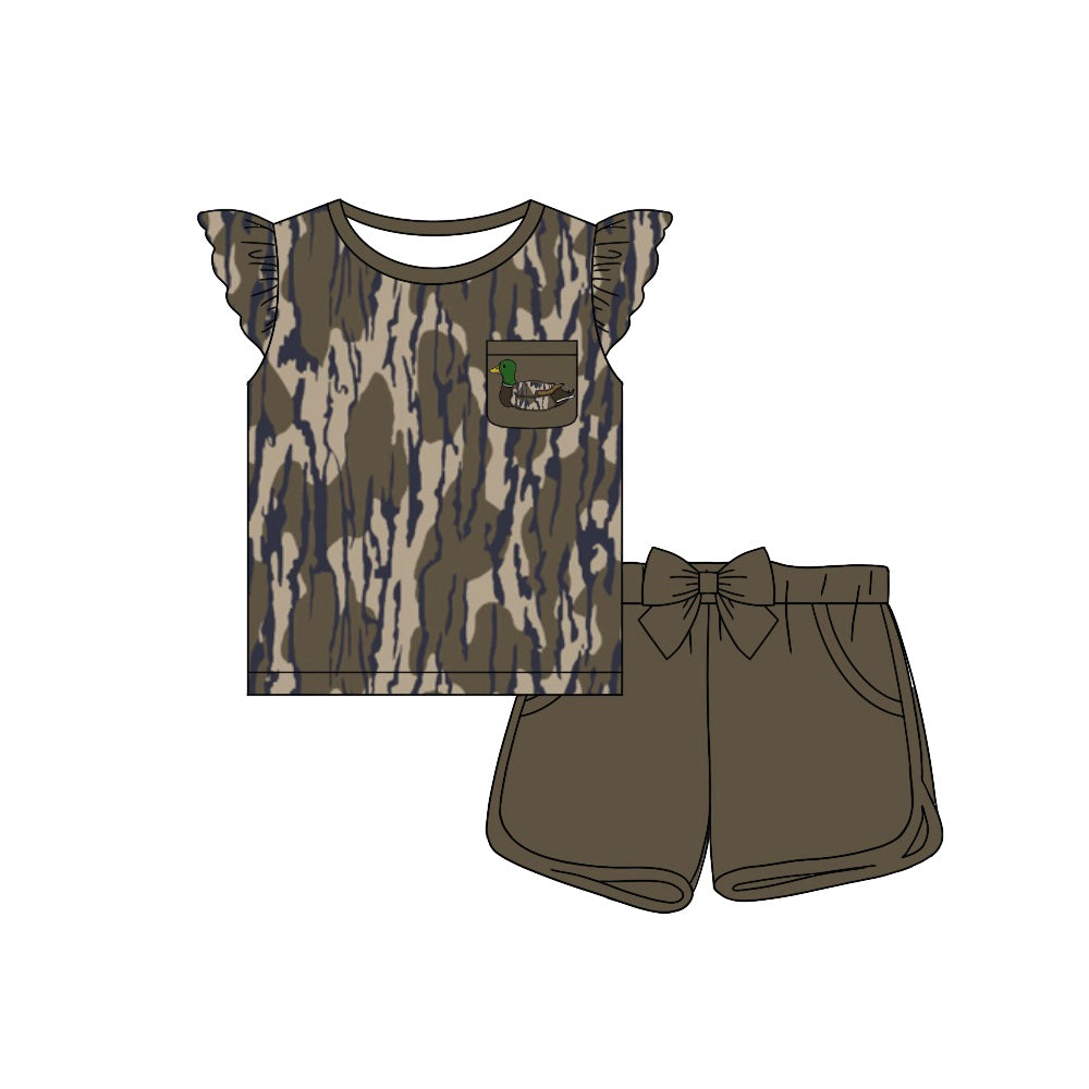 Preorder Baby Girl Duck Pocket Camo Shirt Bow Shorts Clothes Set