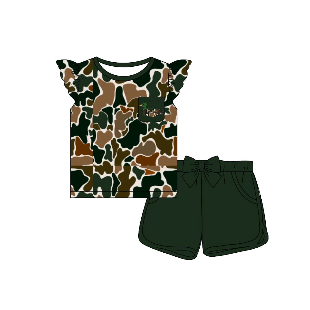 Preorder Baby Girl Duck Pocket Shirt Bow Shorts Clothes Camo Set