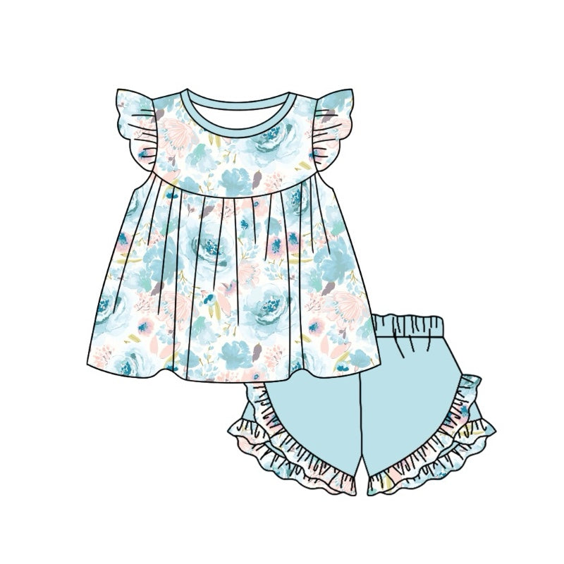 Preorder Baby Girl Short Sleeves Flower Tunic Ruffle Shorts Clothes Set
