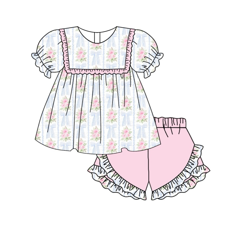 Preorder Baby Girl Short Sleeves Bows Flower Tunic Pink Shorts Clothes Set