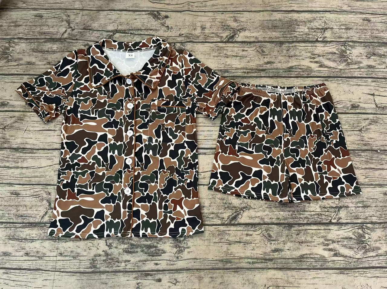 Adult Women Short Sleeves Duck Brown Camo Buttons Tops Shorts Pajamas Set