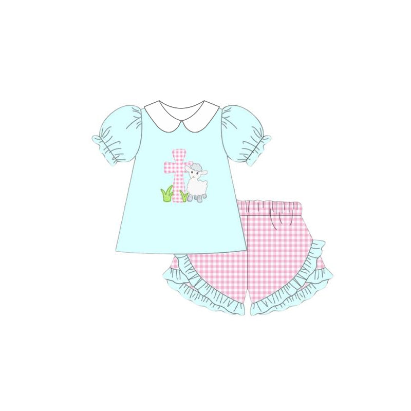 Preorder Baby Girl Short Sleeves Easter Cross Sheep Tunic Ruffle Plaid Shorts Set