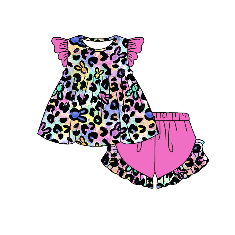 Preorder Baby Girl Short Sleeves Leopard Easter Rabbit Tunic Ruffle Shorts Clothes Set