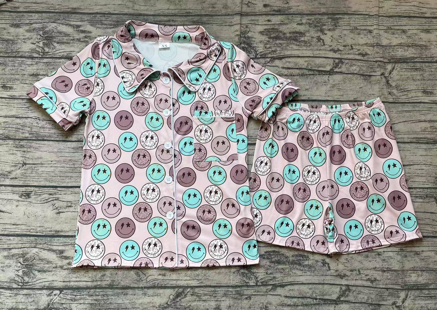 Adult Women Short Sleeves Smile Buttons Shirt Shorts Pajamas Clothes Set RTS